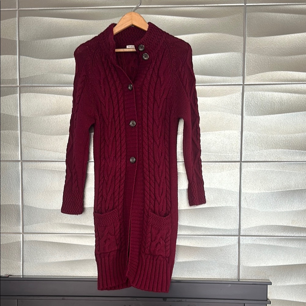 Long Cable Knit Cardigan Sweater - Beautiful Burgundy/Wine color. Like new.